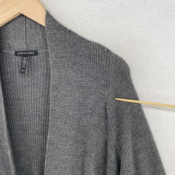 EILEEN FISHER Cardigan XS Extra Fine Merino Wool Rib Open Front Long Sleeve Gray - Picture 12 of 14